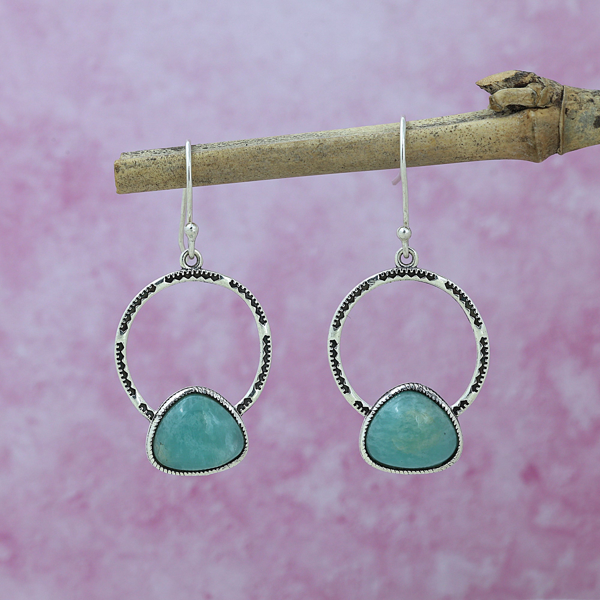 925 Sterling Silver Natural Amazonite Trillion Dangle Earrings