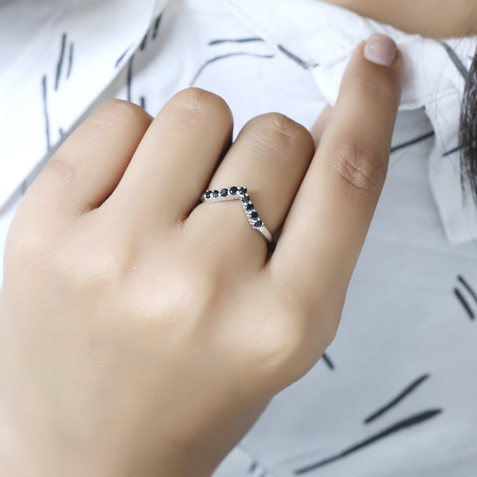 Black Onyx Chevron Ring in 925 Sterling Silver