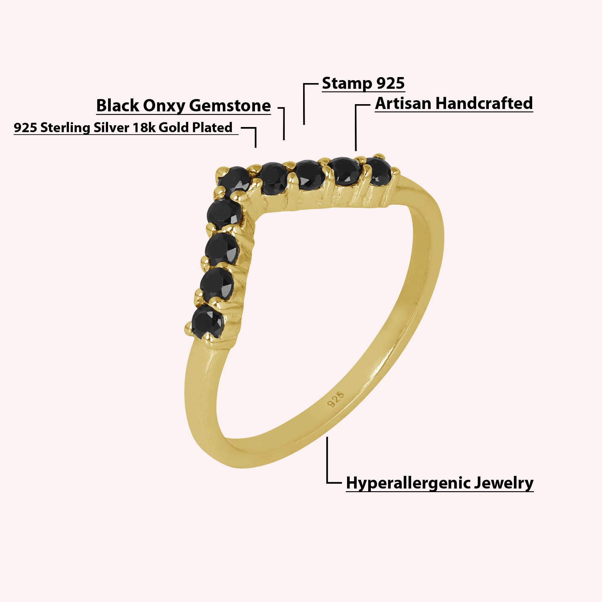 Black Onyx Chevron Ring in 925 Sterling Silver