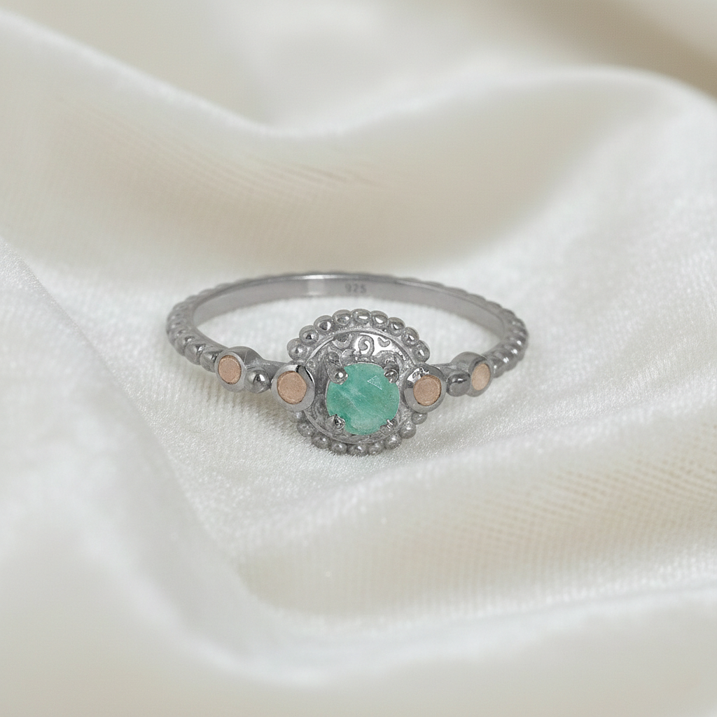 Amazonite-ring-with-round-amazonite-and-peach-moonstone-sterling-silver-front-view-on-satin-background