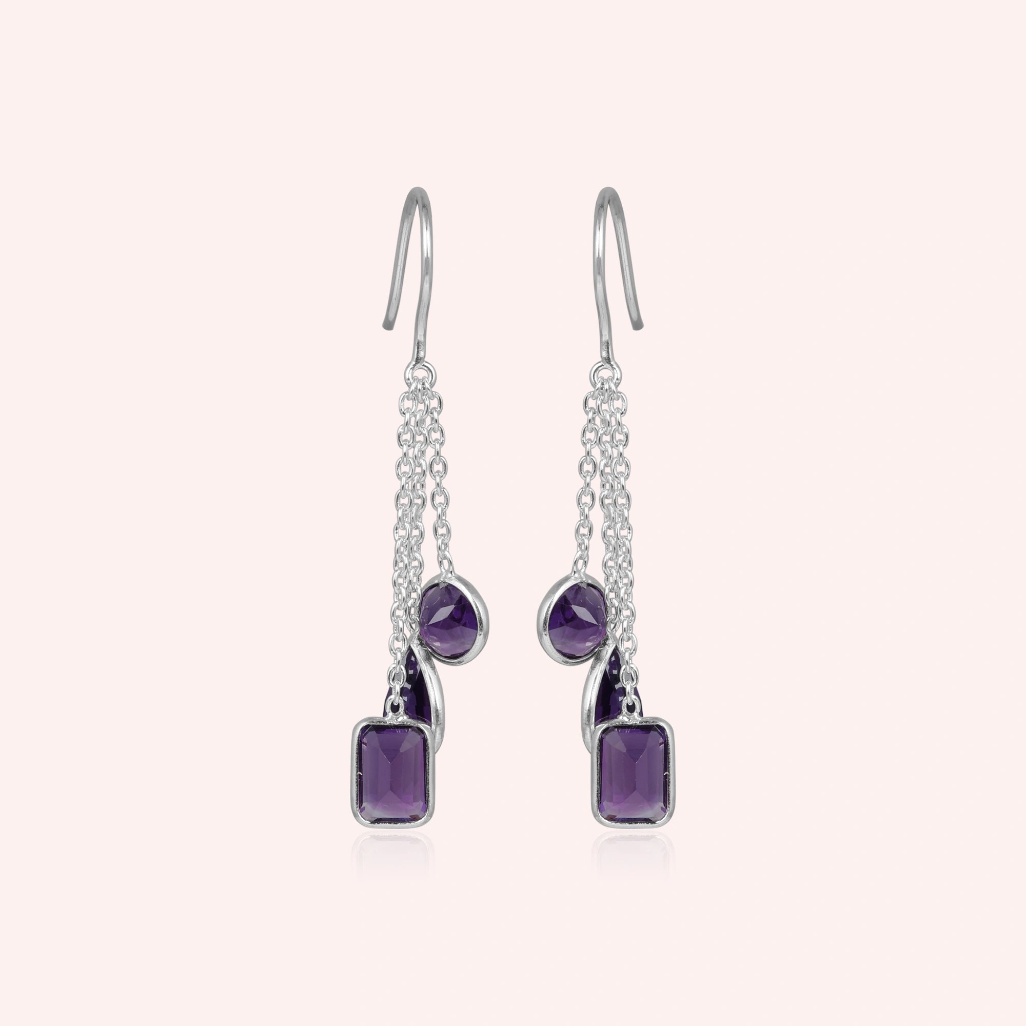 boho_earrings_front_view_with_long_chain_drop_amethyst_earrings_in_sterling_silver_on_soft_beige_background_minimal_shine