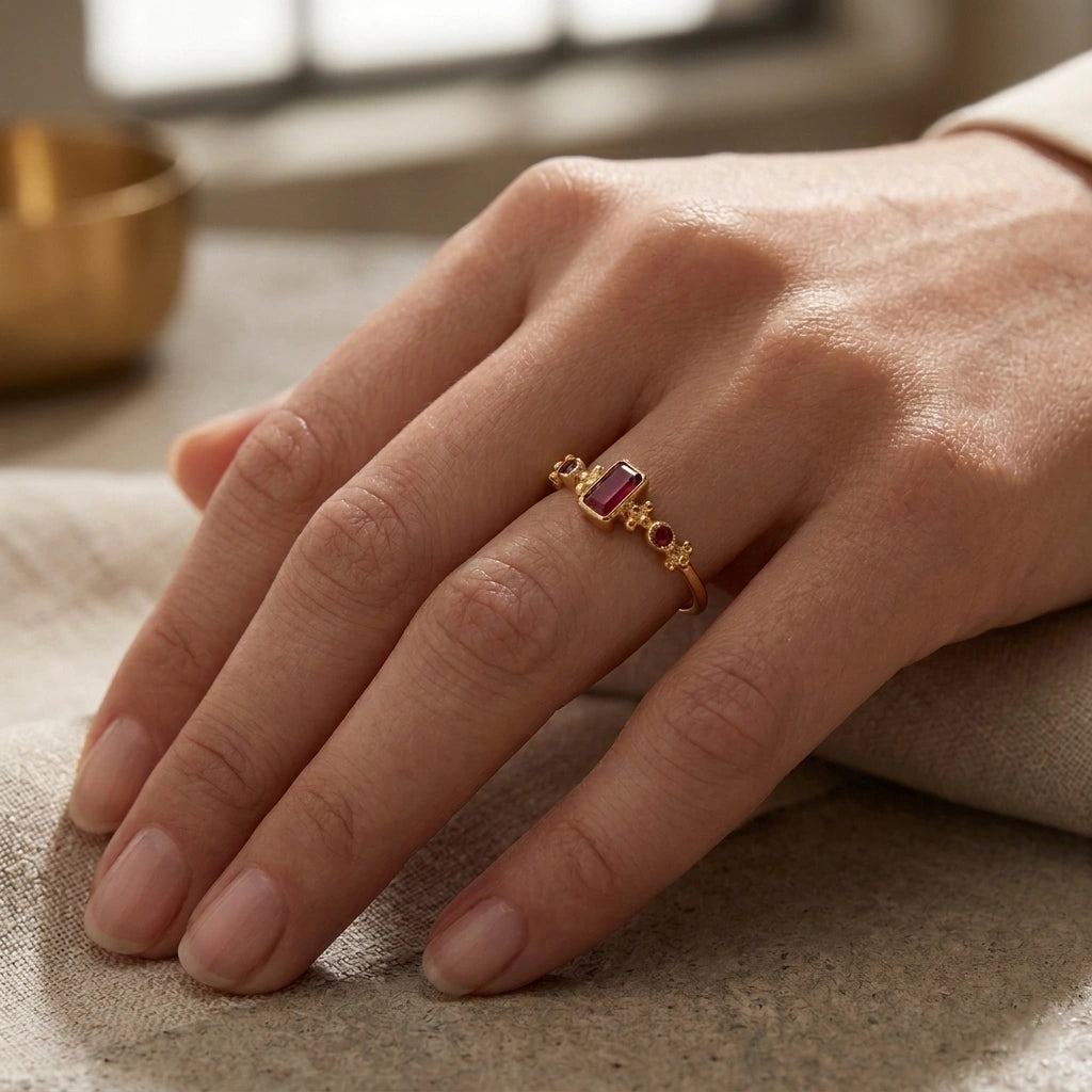 Baguette-ring-with-ruby-and-garnet-gemstones-gold-plated-silver-front-view-on-white-satin-background