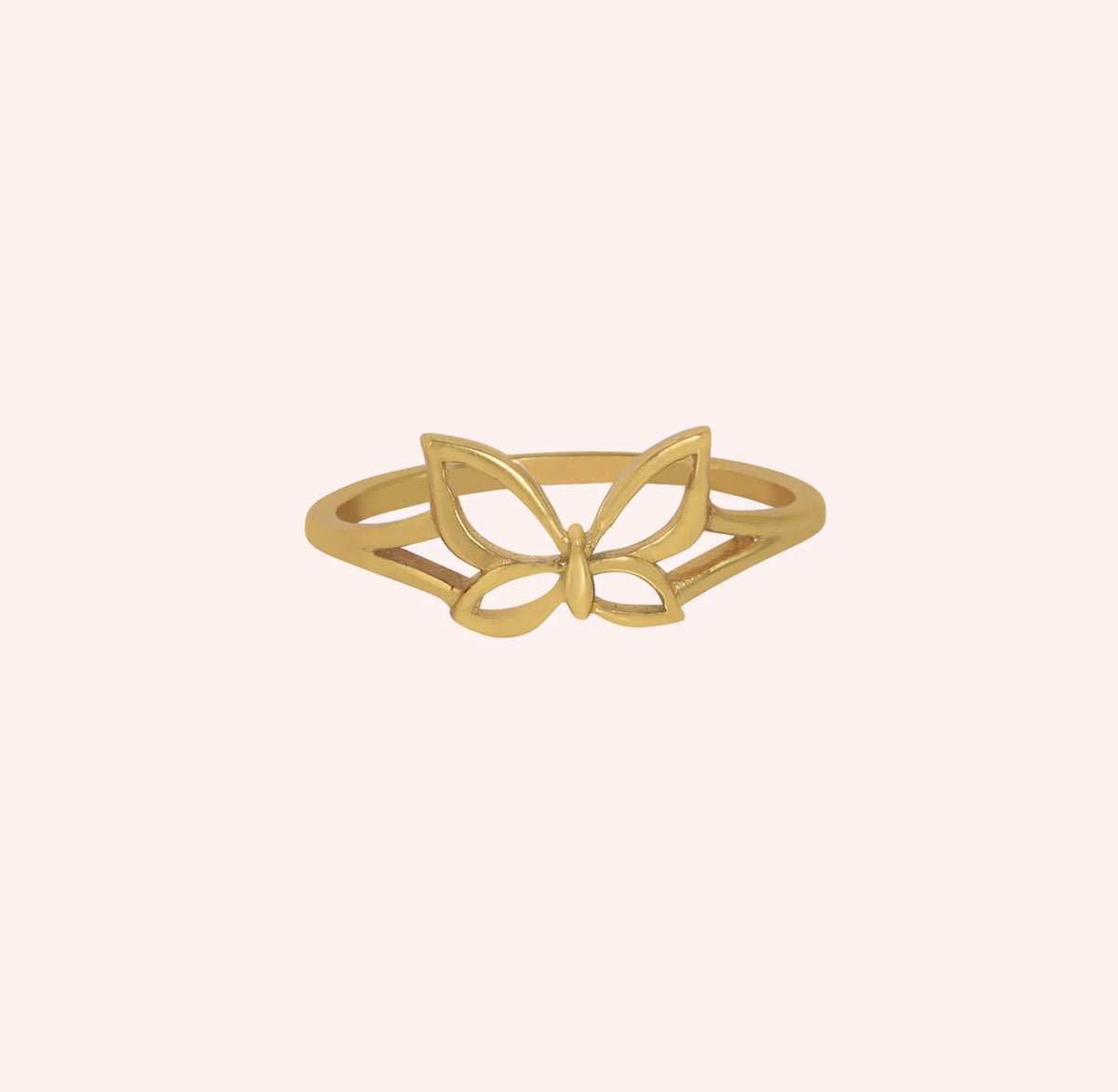 Butterfly_ring_in_gold_plated_silver_at_front_angle_view_on_solid_pink_background