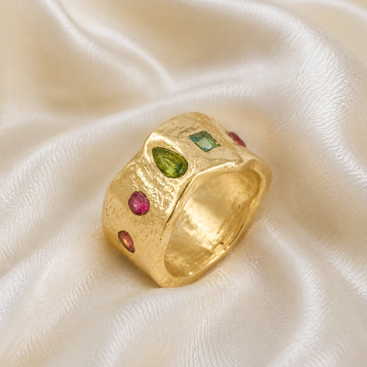 Chunky_ring_in_gold_plated_silver_at_slight_angle_with_pink_tourmaline_peridot_and_blue_topaz_stones_on_a_soft_fabric_background