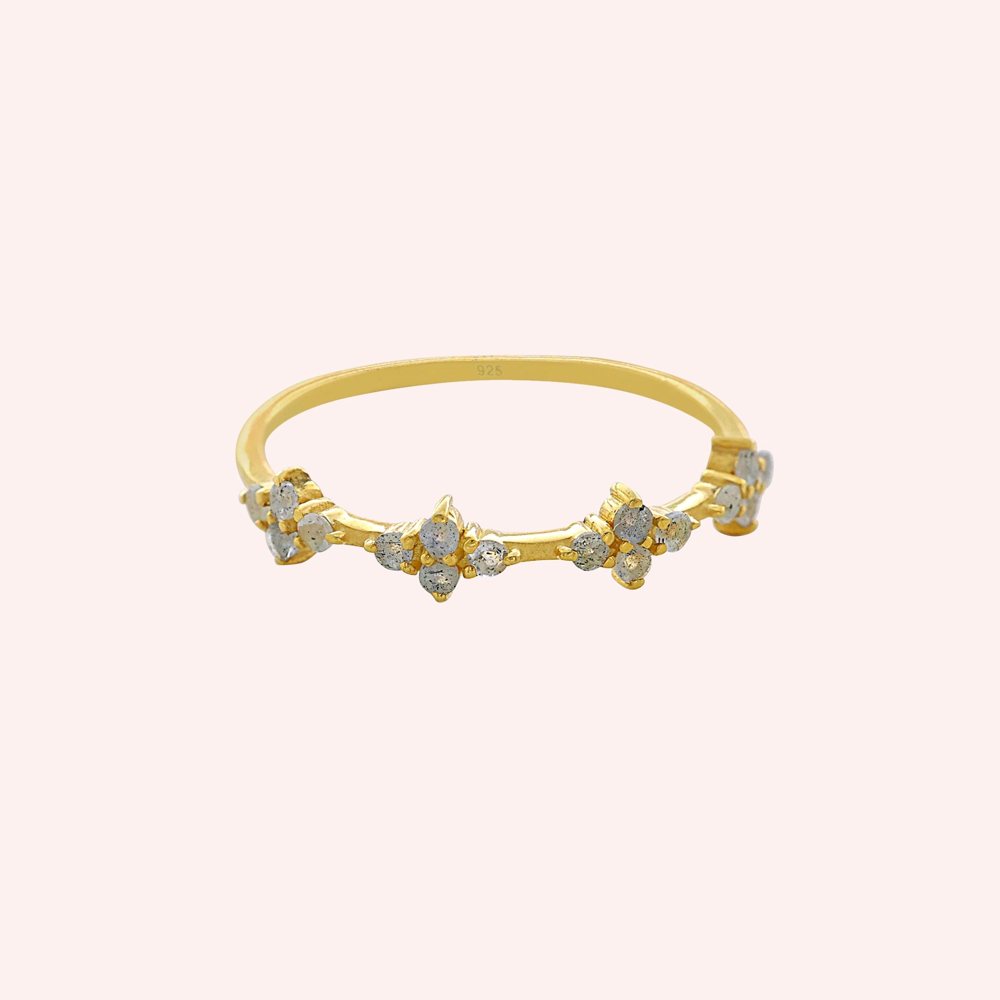 Cluster_ring_gold_plated_silver_band_with_small_clusters_and_labradorite_stones_at_front_angle_on_solid_pink_background
