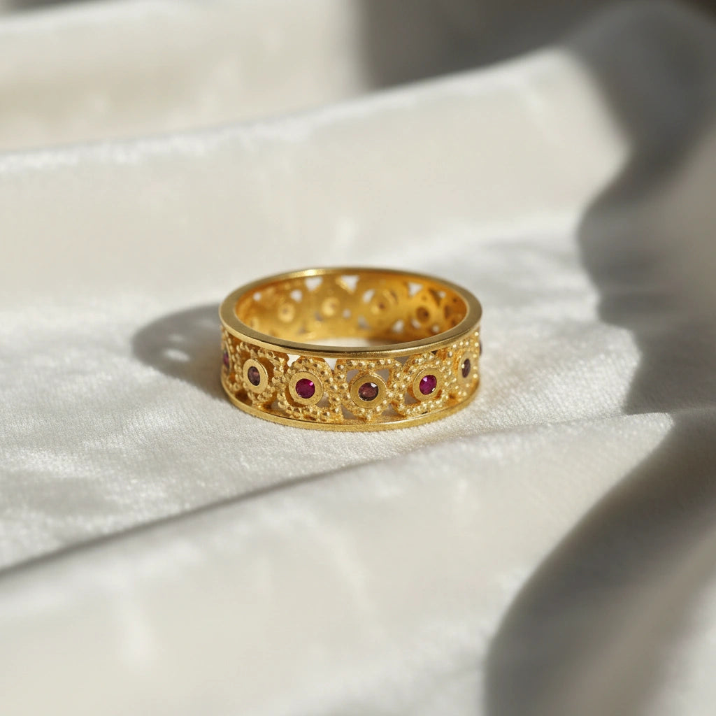 Filigree-ring-with-ruby-and-garnet-stones-gold-plated-silver-front-view-on-white-satin-background