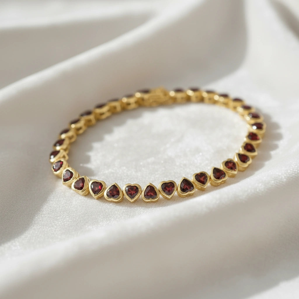 Gold-plated garnet bracelet with heart shaped red stones on a wrinkled off white velvet fabric background angled for detail.