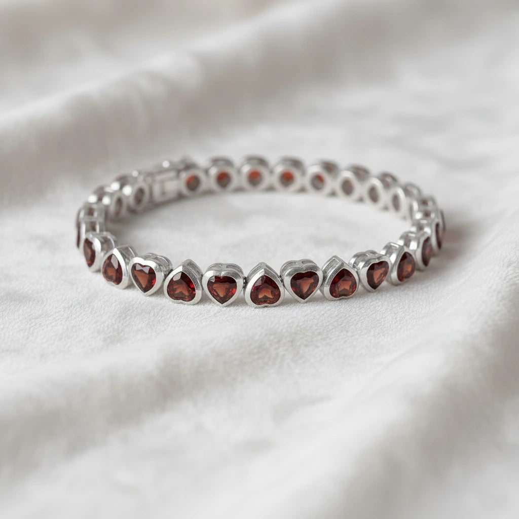 Sterling silver garnet bracelet with heart shaped red stones on a wrinkled white velvet angled for product focus.