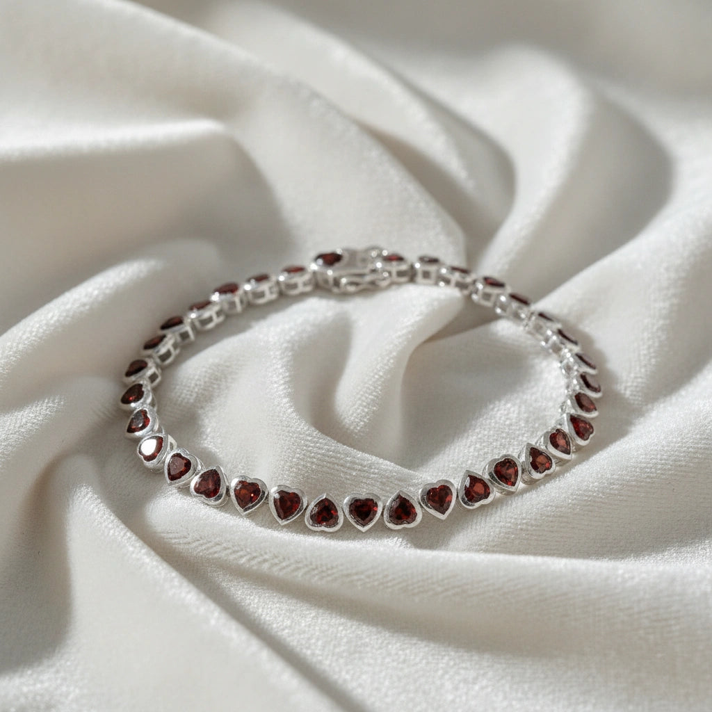 Sterling silver garnet bracelet with heart shaped red stones on a wrinkled white velvet background straight on view.