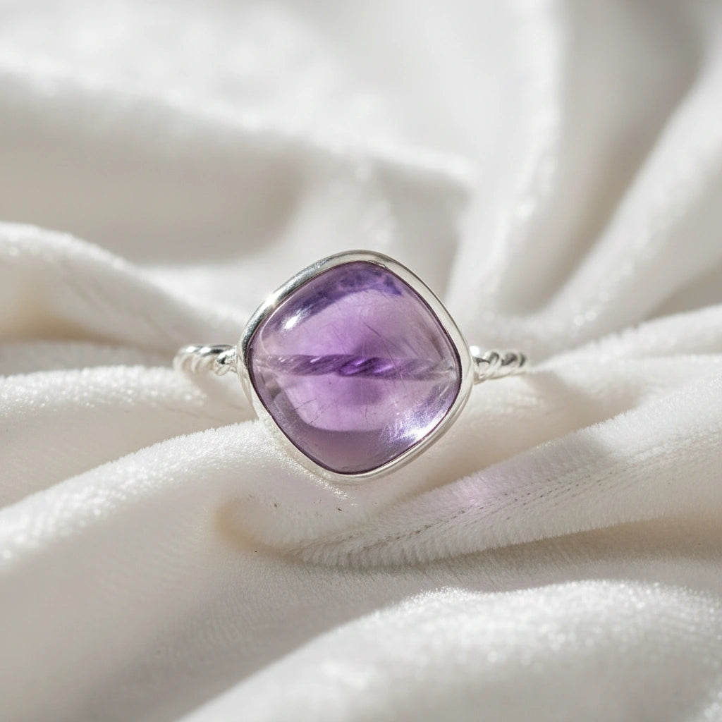 genuine amethyst ring cocktail ring shown at front angled view featuring purple stone with silver band on white fabric background