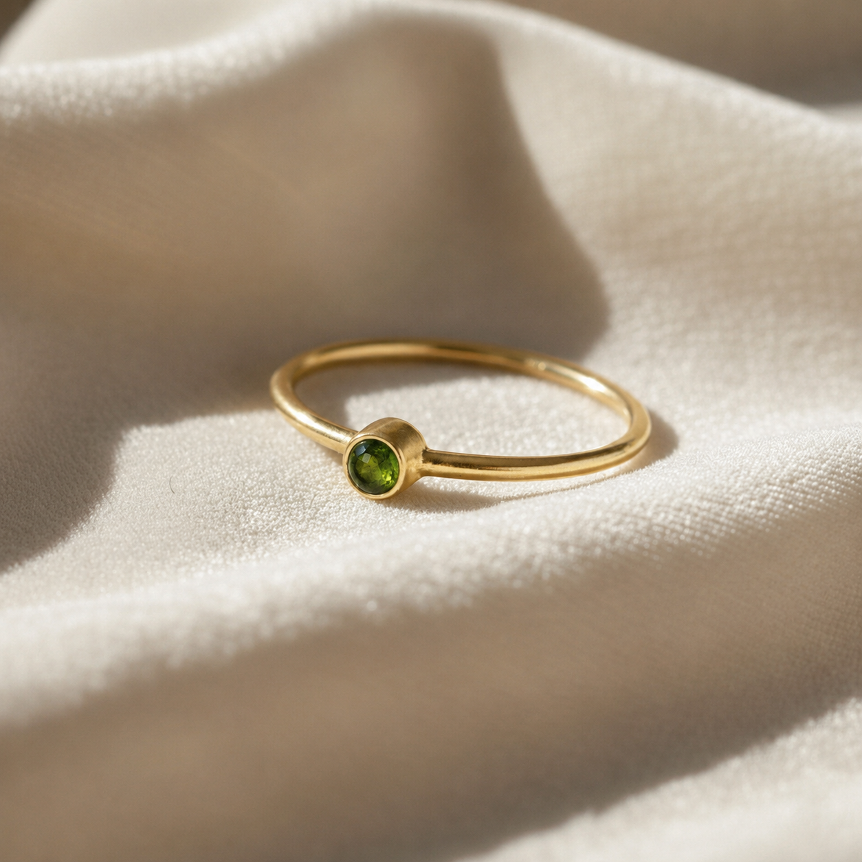 A gold plated birthstone ring featuring an green tourmaline gemstone, styled as a delicate stacking ring on a soft white fabric background