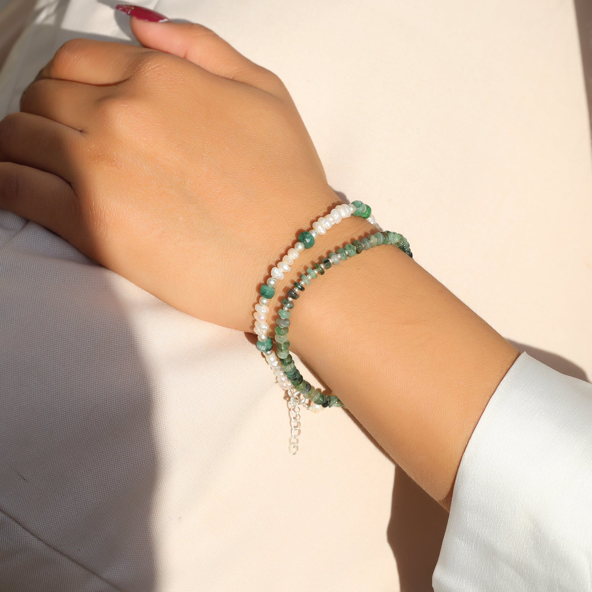 Natural Green Emerald Beaded Bracelet with 925 Sterling Silver