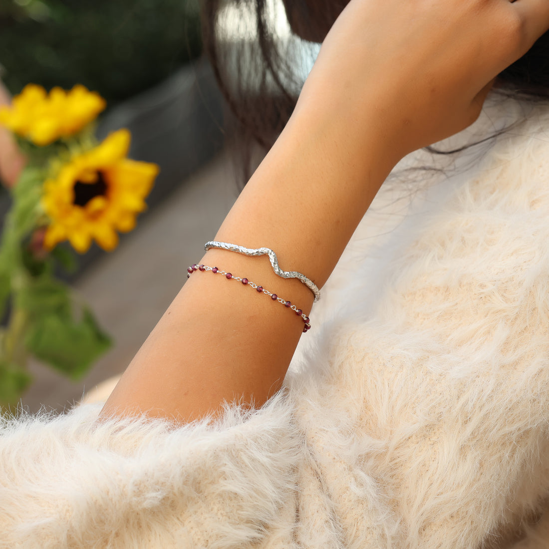 925 Sterling Silver Garnet Beads Bracelet