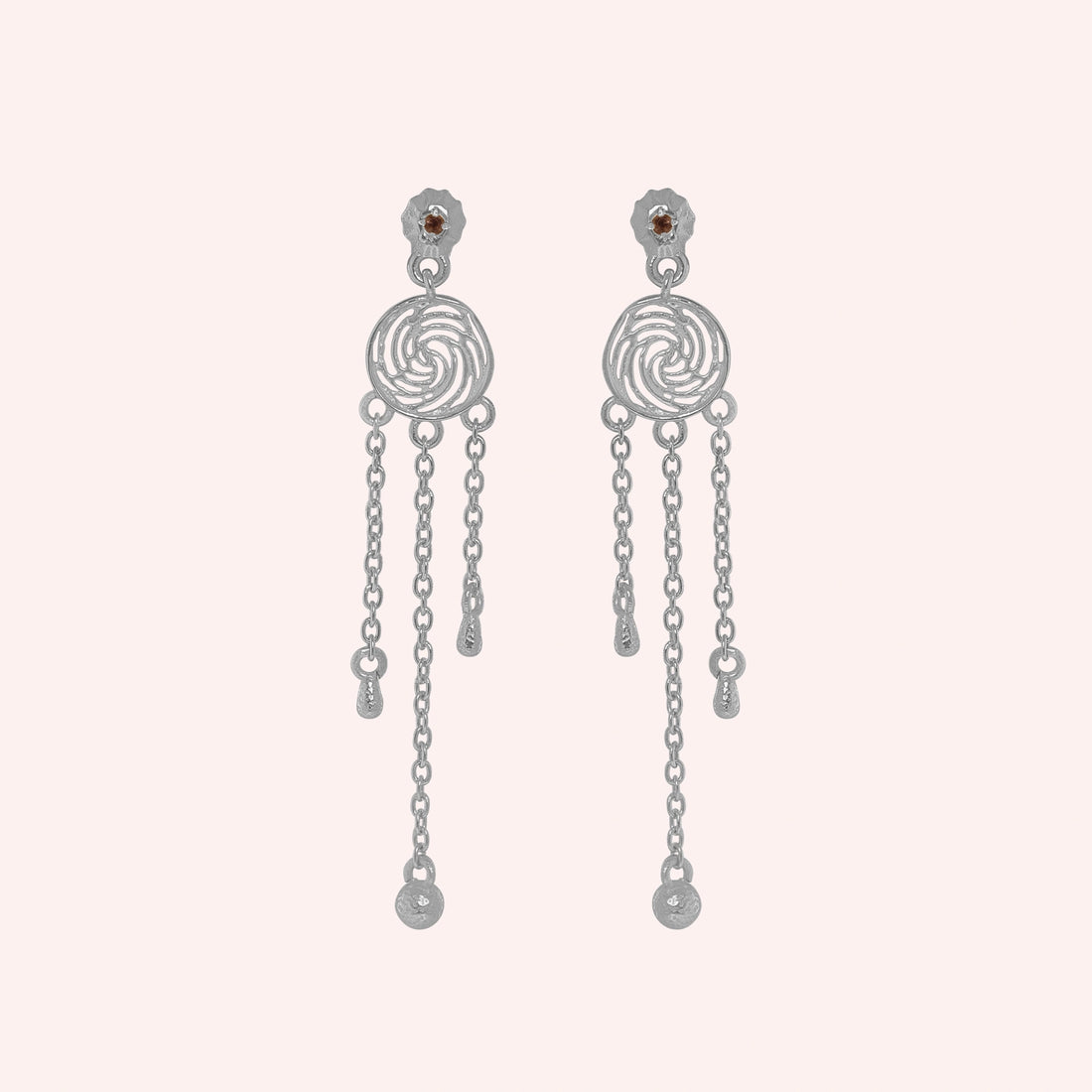 Long_chain_earrings_in_gold_plated_silver_featuring_smoky_quartz_stone_at_front_angle_on_solid_pink_background
