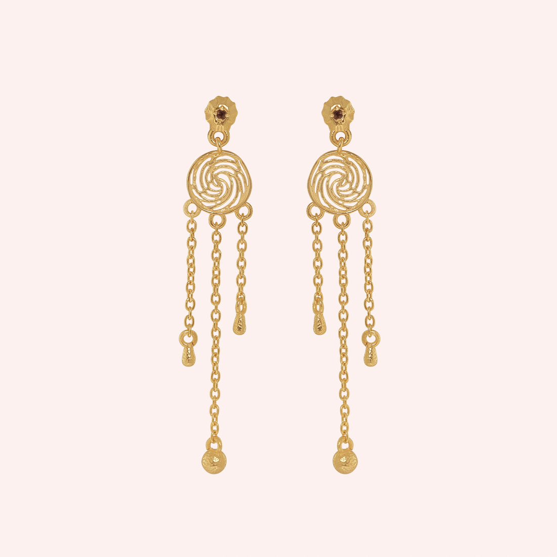 Long_chain_earrings_in_gold_plated_silver_featuring_smoky_quartz_stone_at_front_angle_on_solid_pink_background