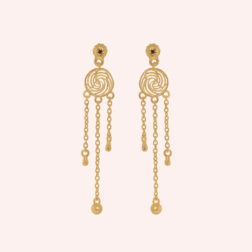 Long_chain_earrings_in_gold_plated_silver_featuring_smoky_quartz_stone_at_front_angle_on_solid_pink_background