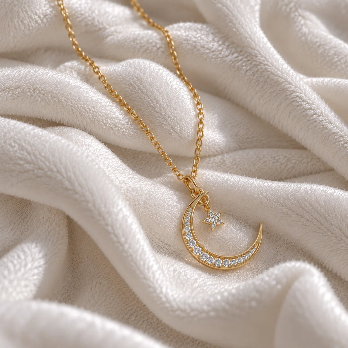 Moon_necklace_in_gold_plated_silver_with_a_small_star_charm_at_side_angle_view_on_soft_fabric_background