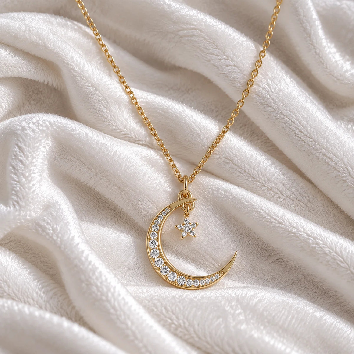 Moon_necklace_in_gold_plated_silver_with_a_small_star_charm_at_front_angle_view_on_soft_fabric_background