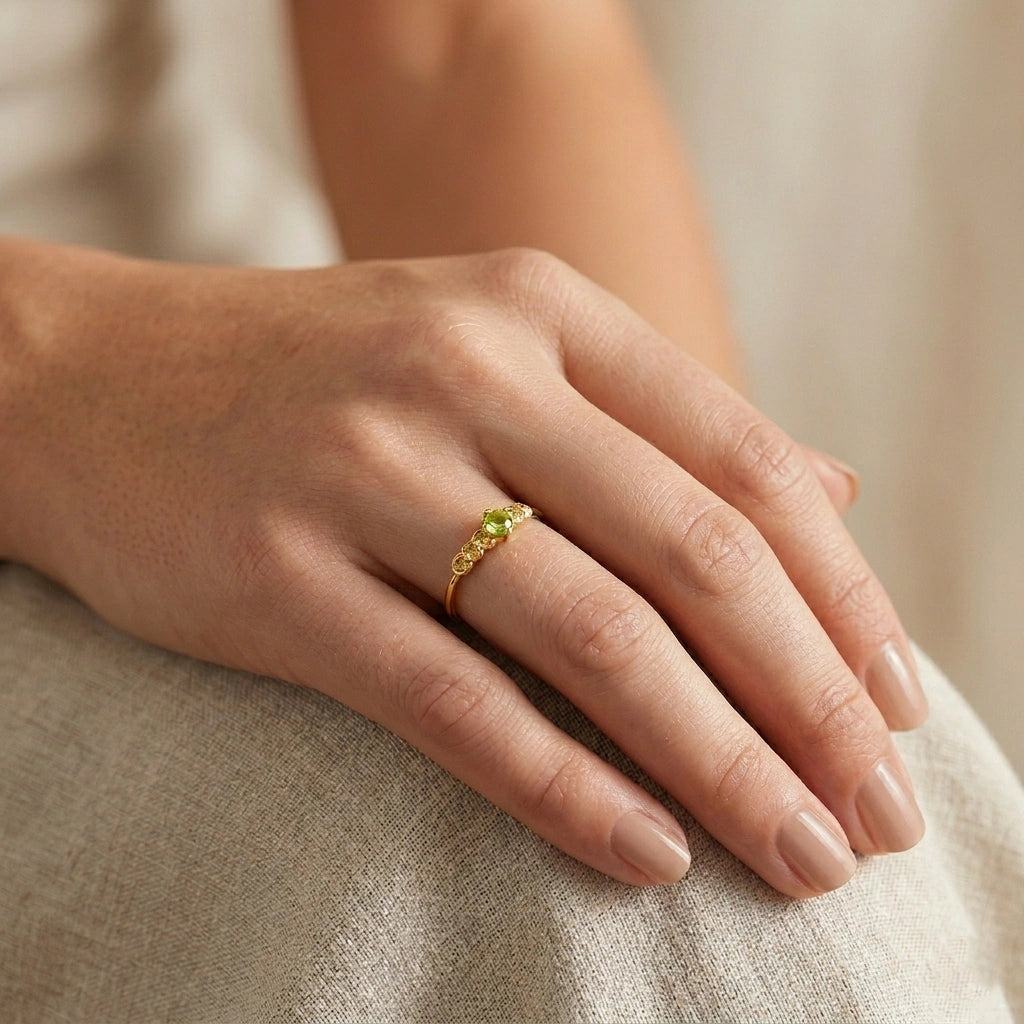 Peridot-ring-with-peridot-and-citrine-gemstones-gold-plated-silver-worn-by-a-model-in-natural-light