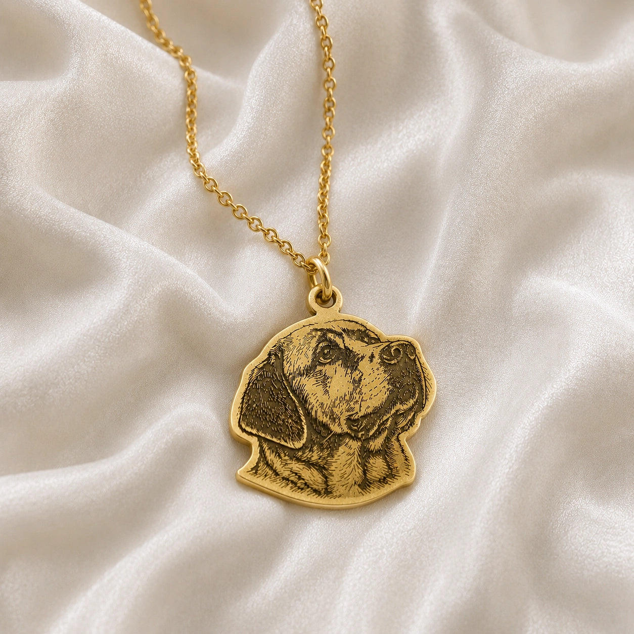 Pet_necklace_with_customized_engraved_dog_in_gold_plated_silver_at_front_angle_on_a_soft_fabric_background
