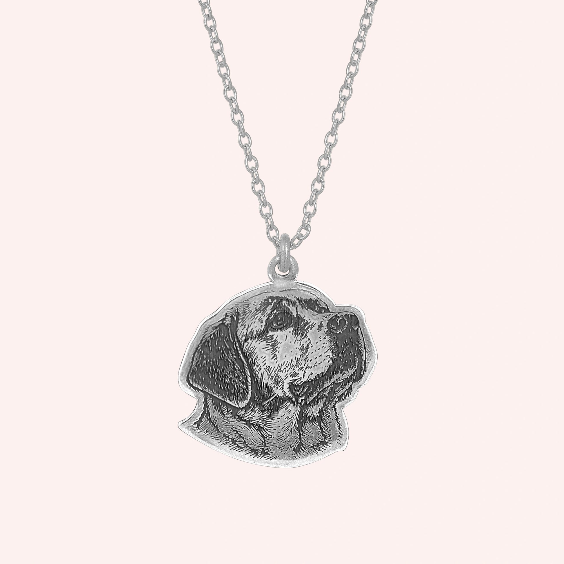 Pet_necklace_with_customized_engraved_dog_in_sterling_silver_at_front_angle_on_a_solid_pink_background