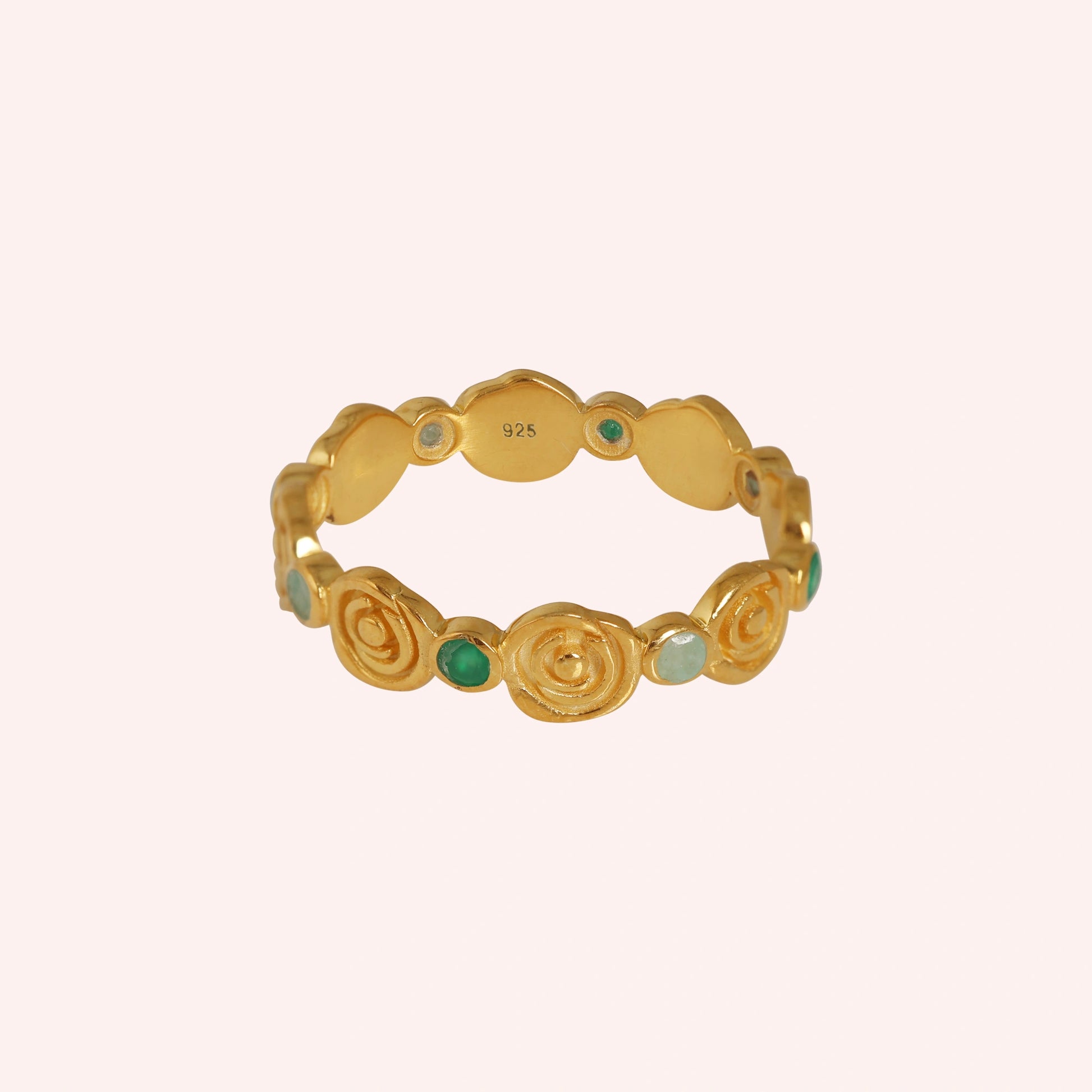 Rose-ring-with-green-and-blue-gemstones-gold-plated-silver-front-view-on-soft-pink-background