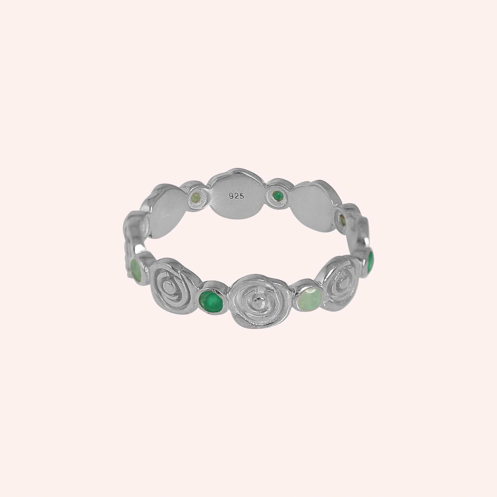 Rose-ring-with-green-and-blue-gemstones-sterling-silver-front-view-on-soft-pink-background