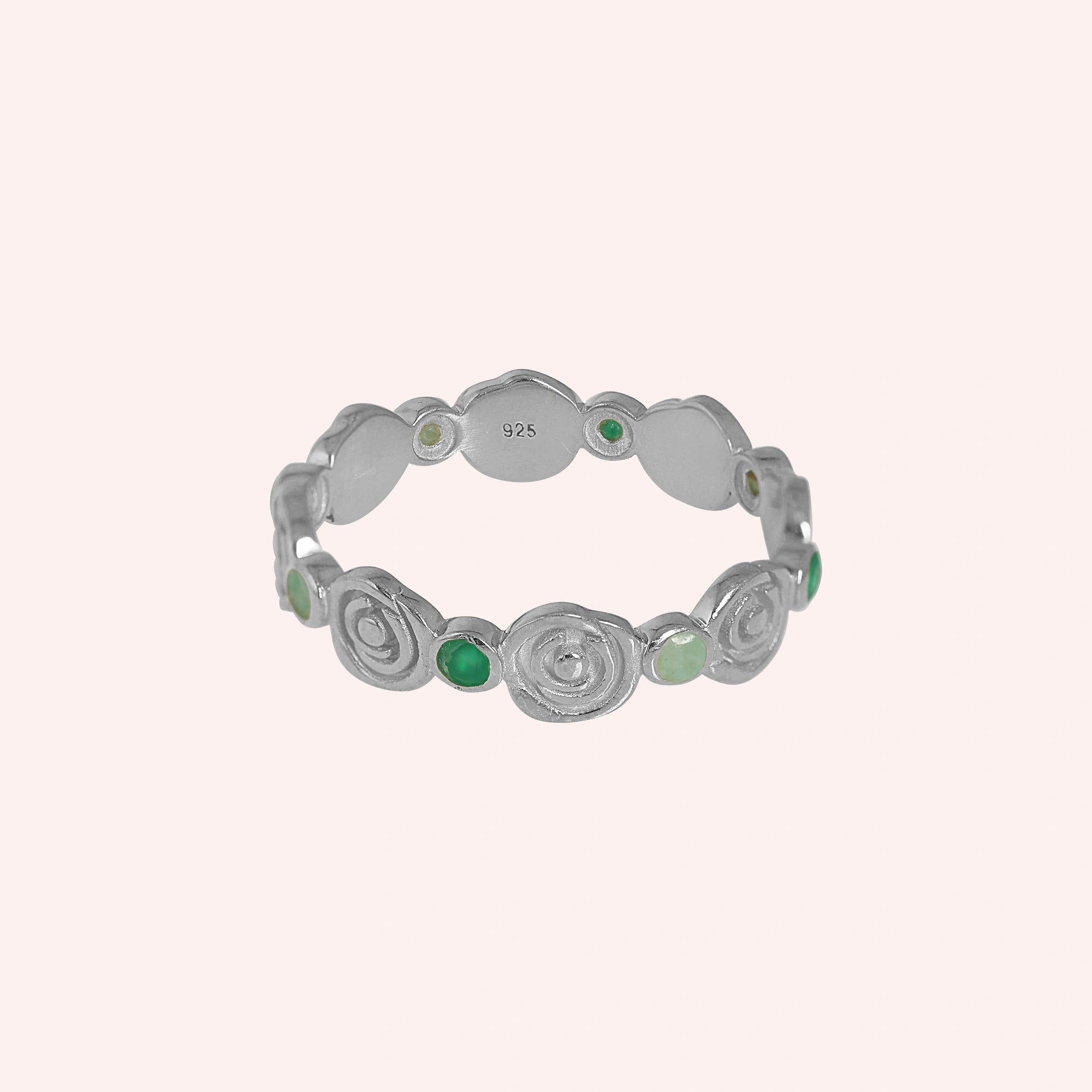 Rose-ring-with-green-and-blue-gemstones-sterling-silver-front-view-on-soft-pink-background