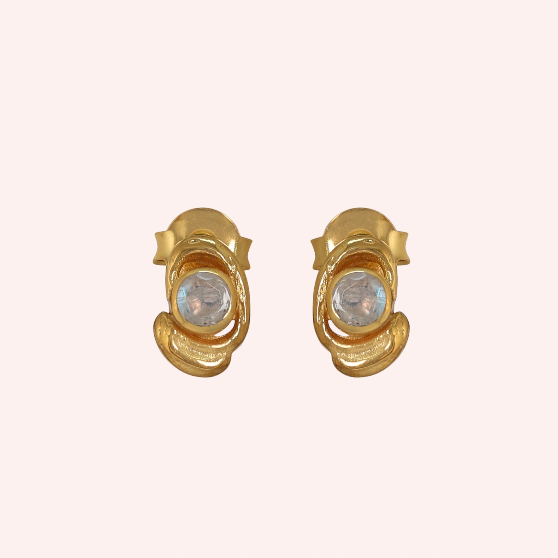 Small-stud-earrings-with-moonstone-gold-plated-silver-front-view-on-soft-pink-background