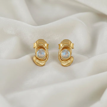 Small-stud-earrings-with-moonstone-gold-plated-silver-front-view-on-white-satin-background