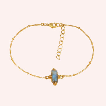 Stone_bracelet_in_gold_plated_silver_with_a_baguette_labradorite_at_front_angle_view_on_solid_pink_background