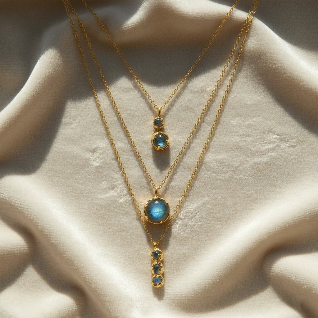 Labradorite necklace featuring three gold layers with blue flashing stones on an off white velvet cloth at a straight on angle