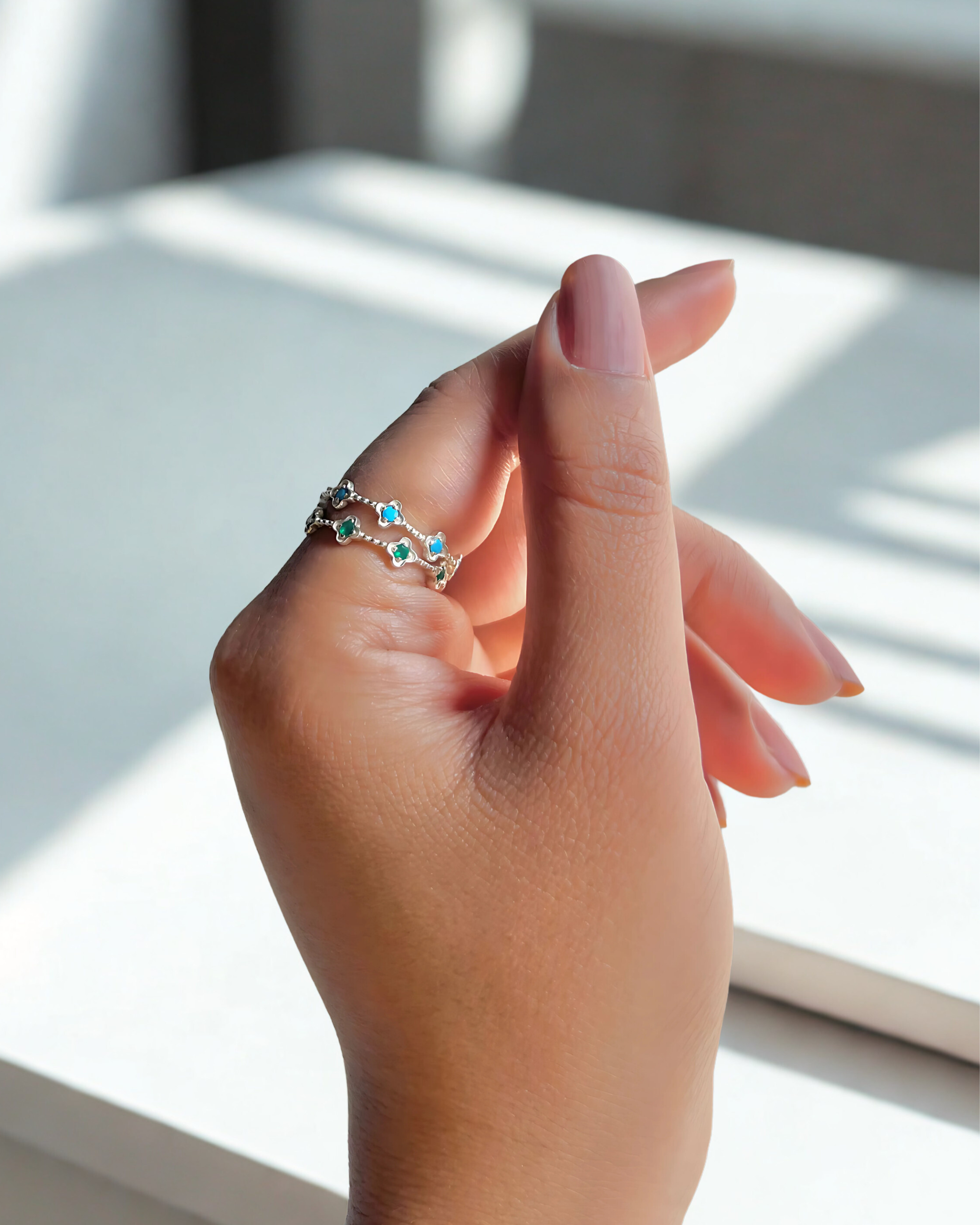 Dainty Green Onyx Flower Eternity Ring Jewelry for Women